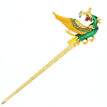Gold Finish Pink Enamel Phoenix Hair Stick with Rhinestones